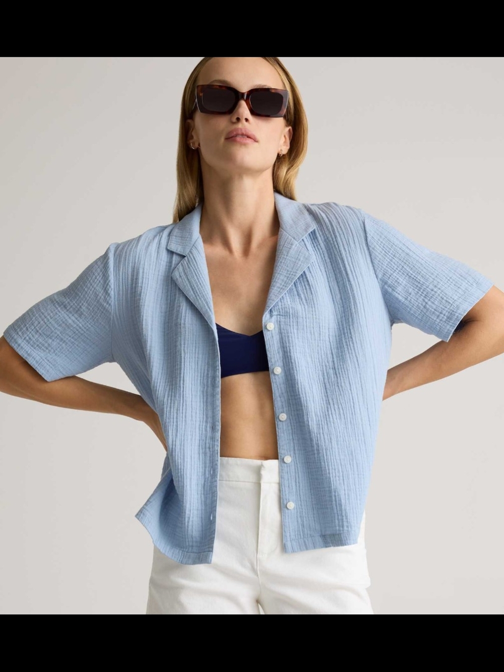 Quince Organic Cotton Light Blue Short-Sleeve Button Down Top, Medium